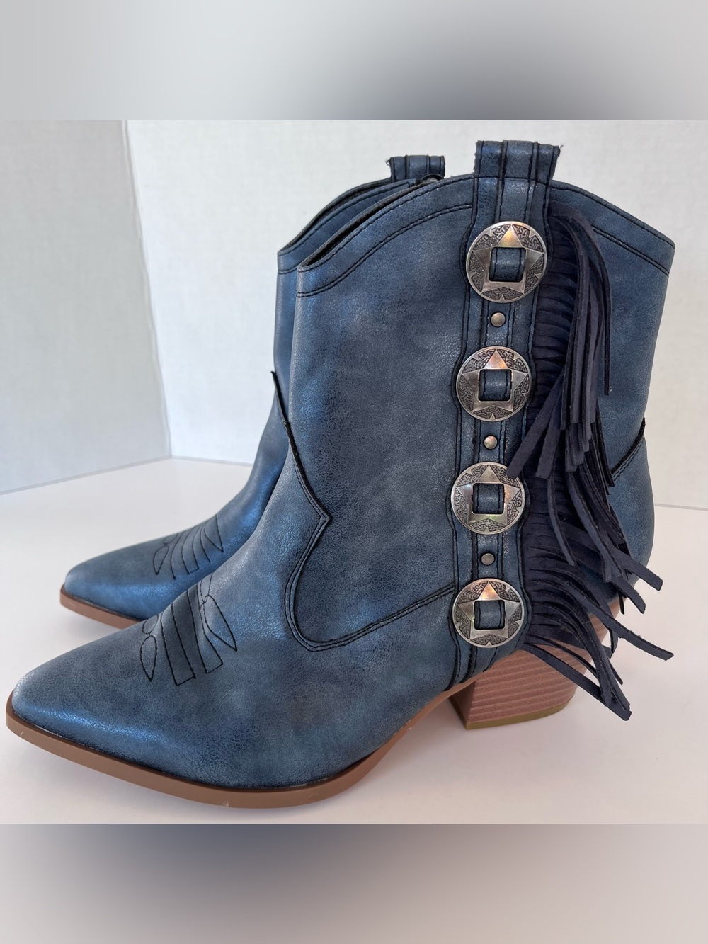 Cato Fringe Western Style Ankle Cowgirl Boots Metallic Blue